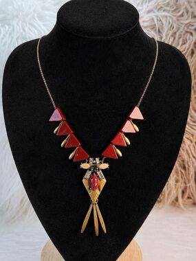 J.Crew Rust Burgundy Geometric Bib Necklace Gold Tone Insect Statement Pendant